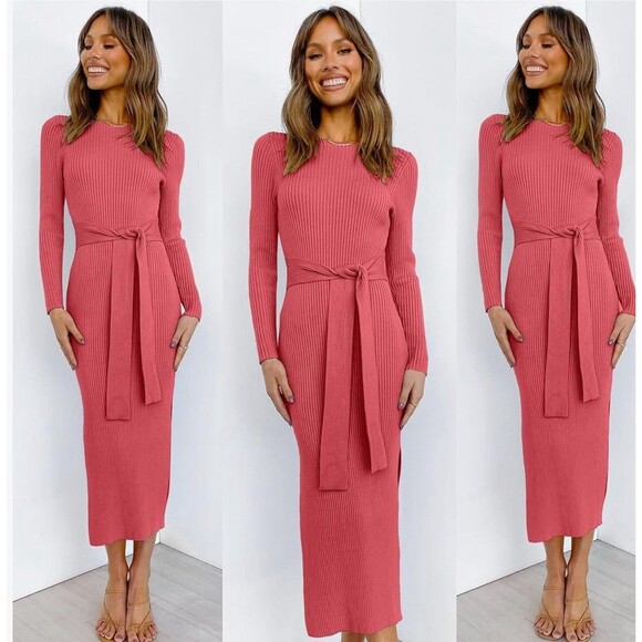 ANRABESS Womens Long Sleeve Sweater Dress Crew Neck Slim Fit Pink Size Medium - Picture 6 of 6